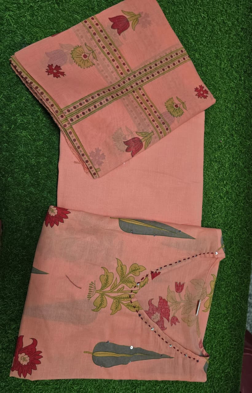 Suhana Blossom Peach Floral Hand-Block Printed Pink Cotton Suit Set