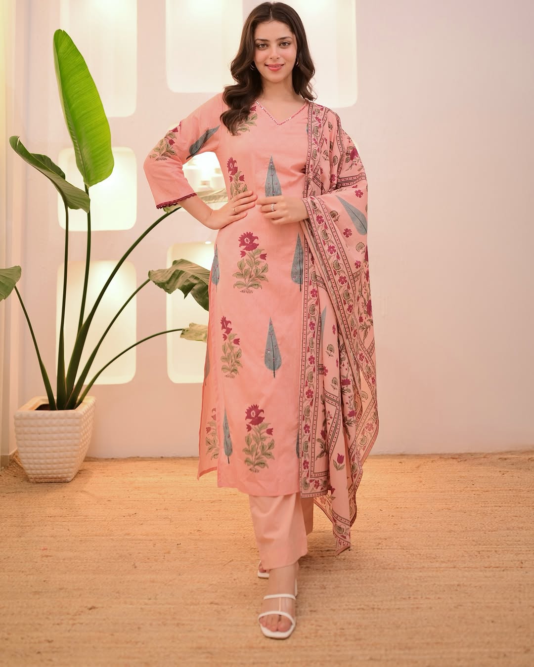 Suhana Blossom Peach Floral Hand-Block Printed Pink Cotton Suit Set