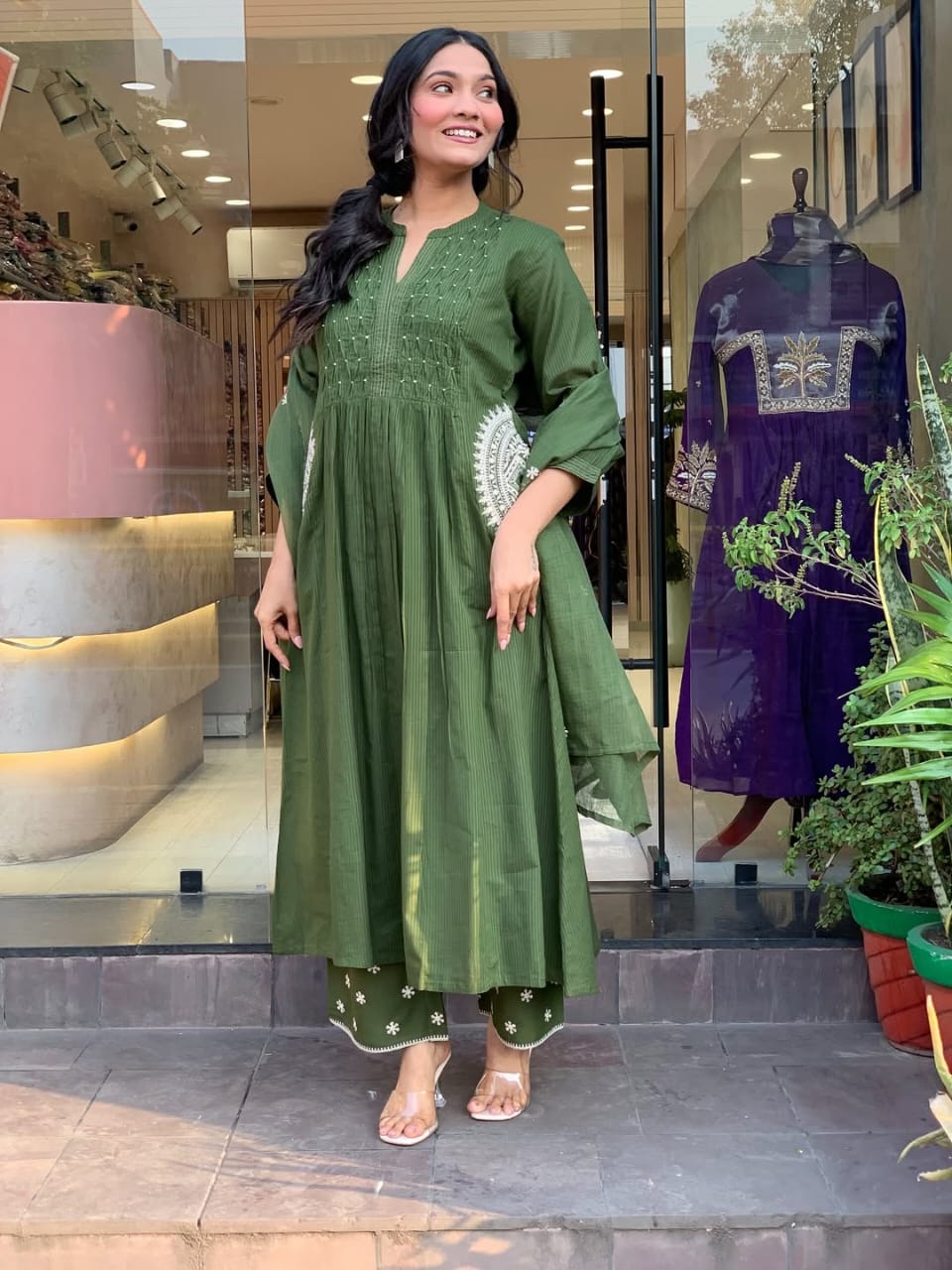 Danika Olive Green Cotton Embroidered Kurta Set with Dupatta