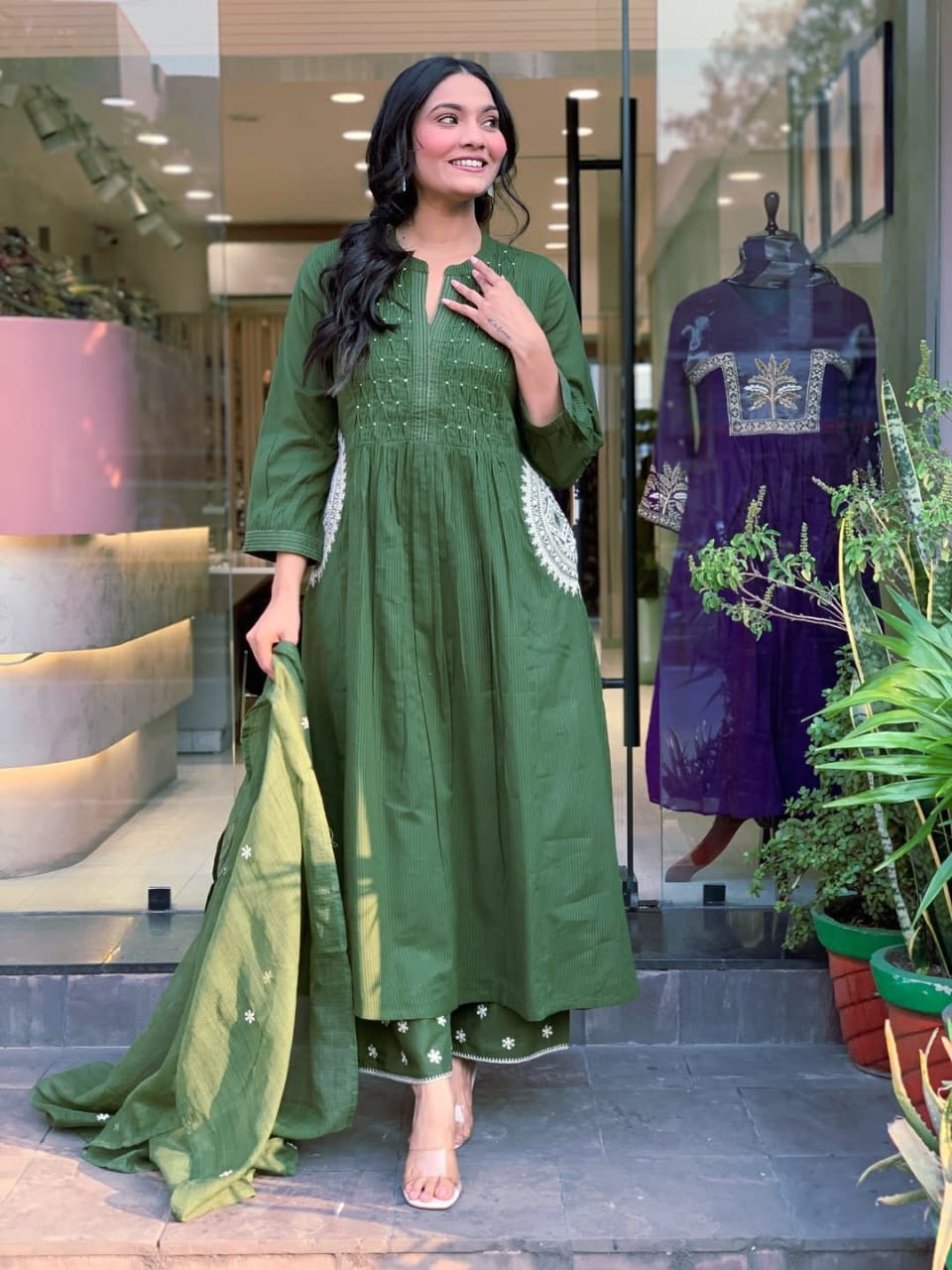 Danika Olive Green Cotton Embroidered Kurta Set with Dupatta