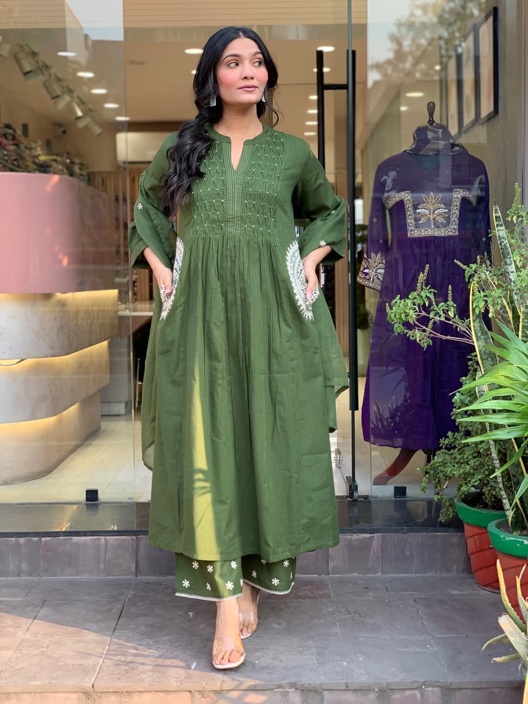 Danika Olive Green Cotton Embroidered Kurta Set with Dupatta