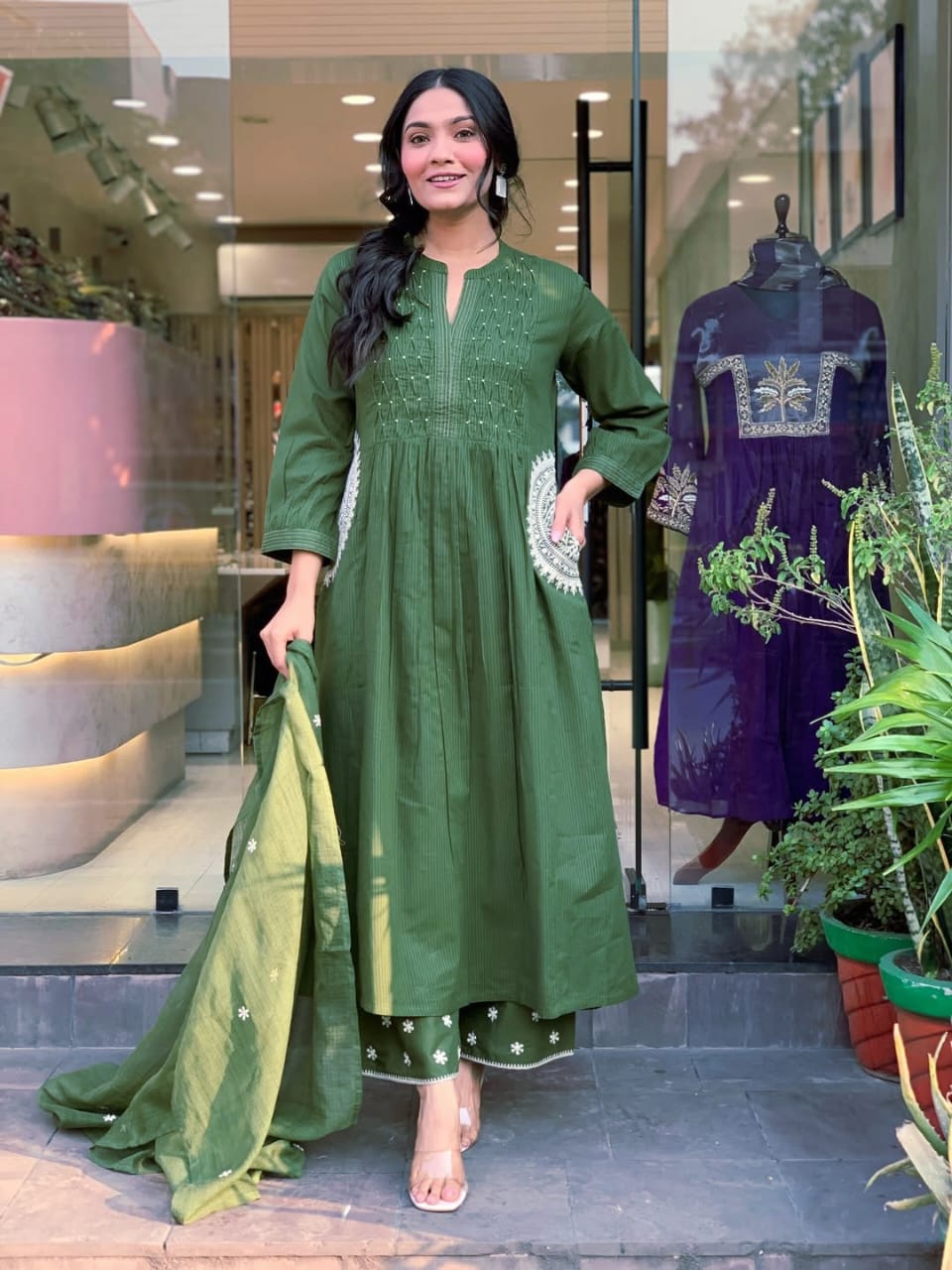 Danika Olive Green Cotton Embroidered Kurta Set with Dupatta