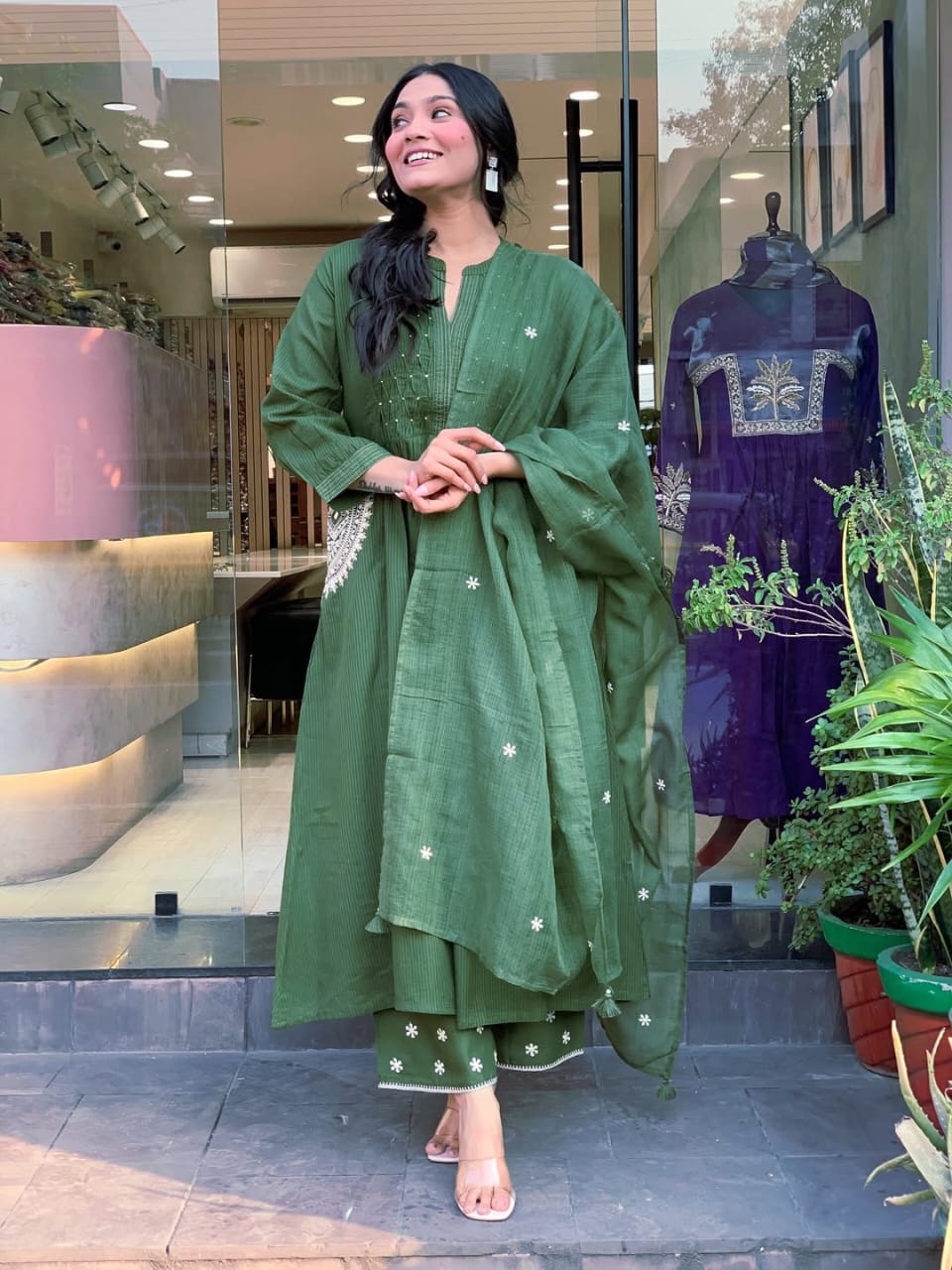 Danika Olive Green Cotton Embroidered Kurta Set with Dupatta