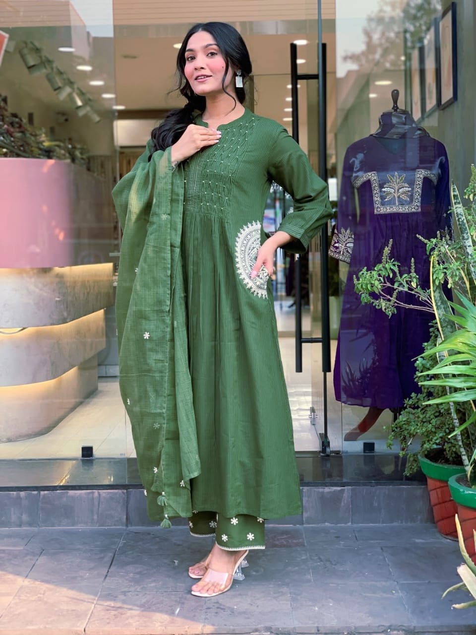 Danika Olive Green Cotton Embroidered Kurta Set with Dupatta