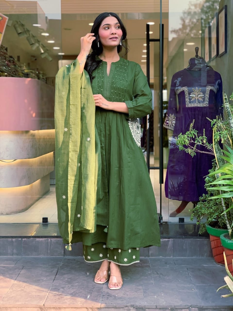 Danika Olive Green Cotton Embroidered Kurta Set with Dupatta