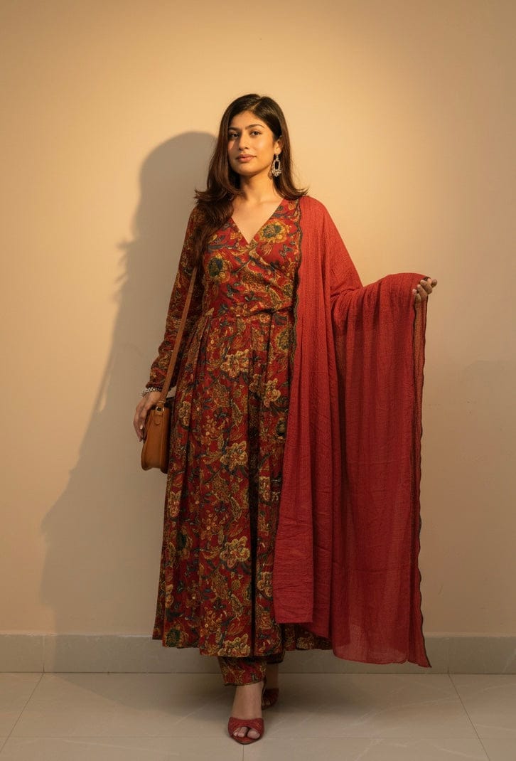 Angrakha Maroon Floral Kalamkari Anarkali Cotton Suit Set